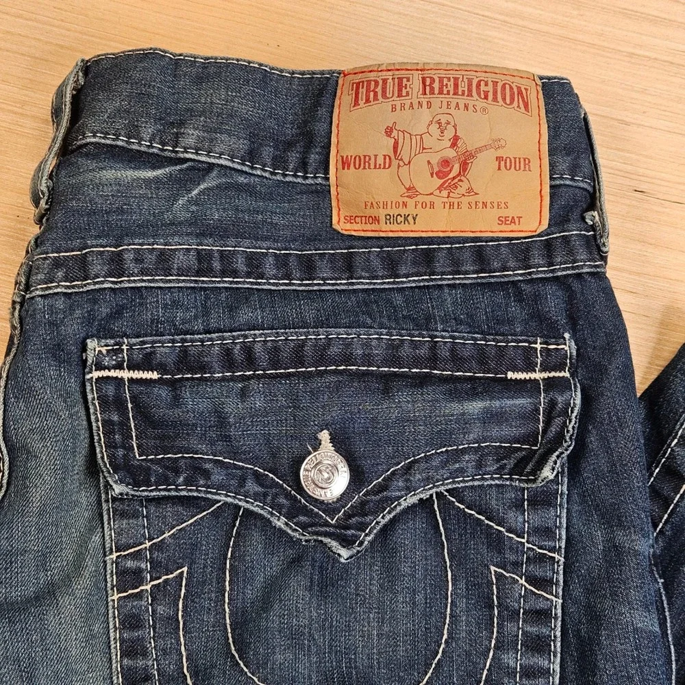 True Religion Ricky Jeans Mens 36x32 Blue Straight Leg Big T Stitch Made In USA